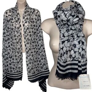ALLIANCE deep navy white hibiscus floral Scarf Wrap Shawl Modal Lightweight‎